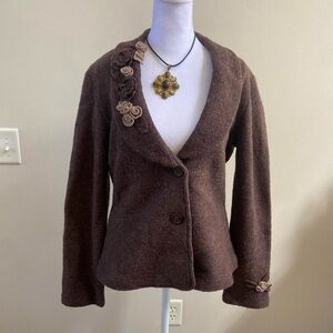 Fenn Wright Manson Brown 100% Wool Button Up Blazer w Felted Flower Attachments